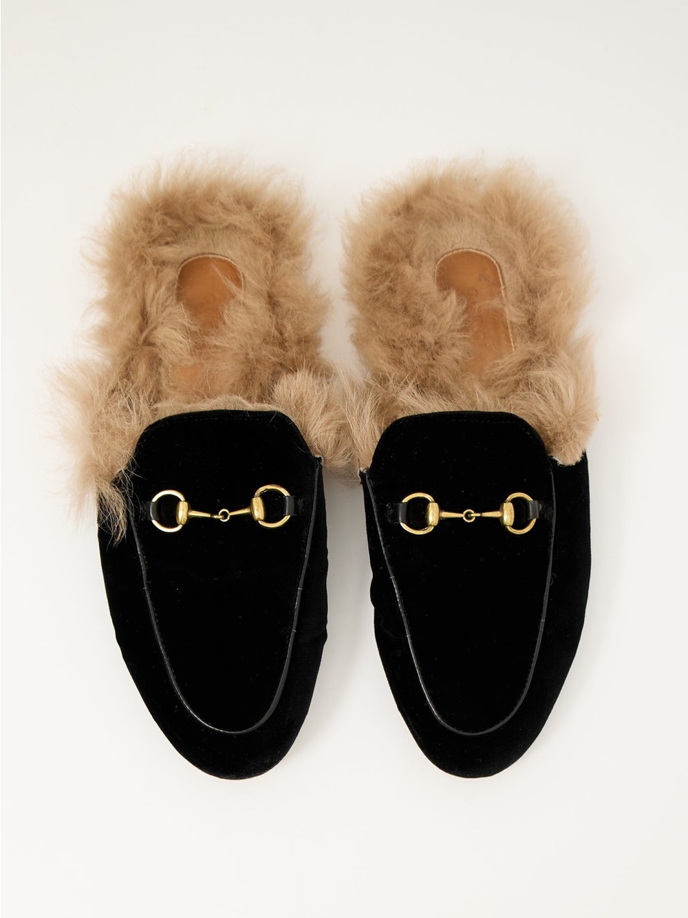Gucci Princetown Black Velvet Fur Horsebit Loafers Mules Size 5
